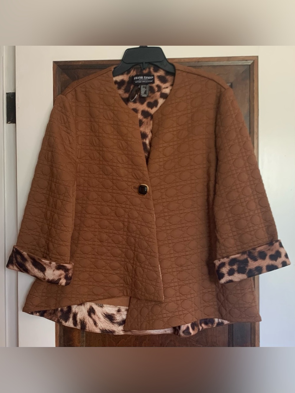 Frank Lyman Quilted Leopard Lined Jacket Cognac Brown Sz 20 Excellent Condition
